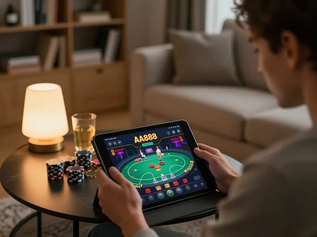 Engaging online poker gameplay on AA888 app from a cozy home setting