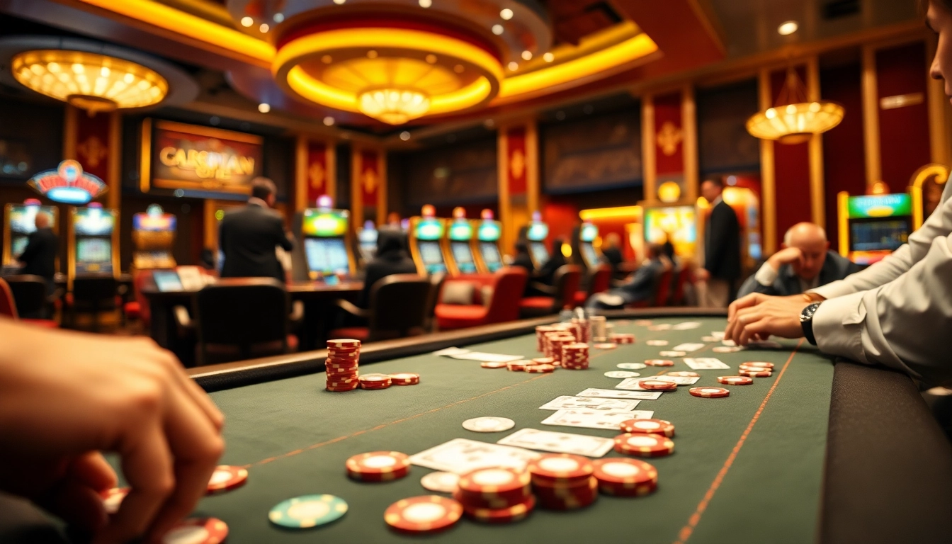 L567 casino scene featuring vibrant poker table, roulette wheel, and glowing slot machines.