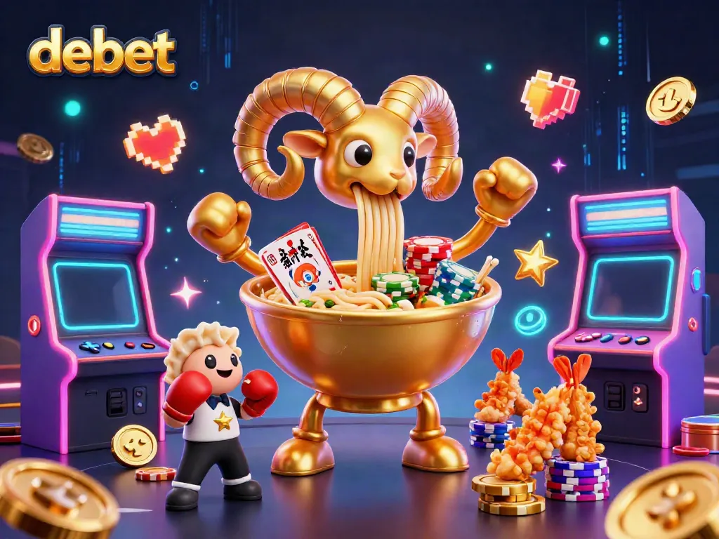 Engage in thrilling casino action with debet featuring a golden ramen bowl dealer and vibrant game machines.