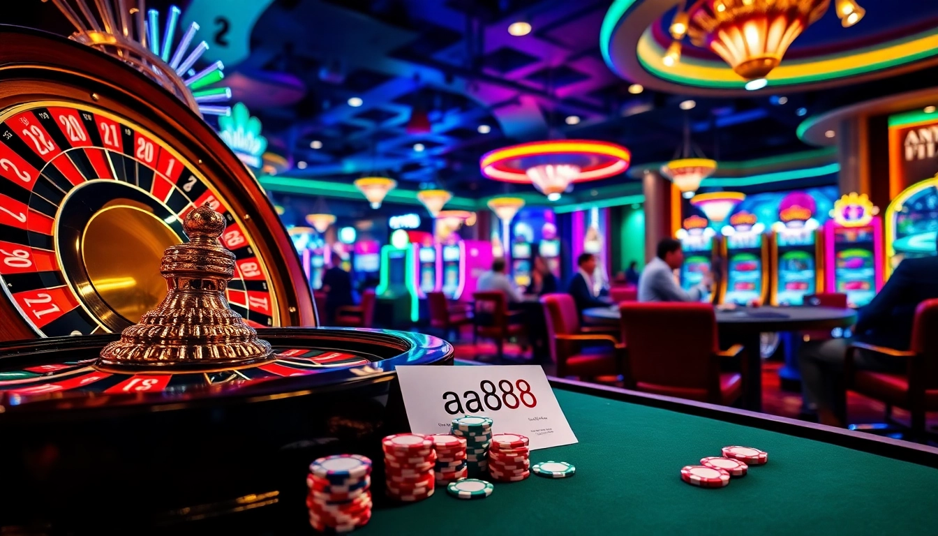 Cena de cassino envolvente destacando jogadores e fichas de poker 'aa888' em uma mesa elegante.
