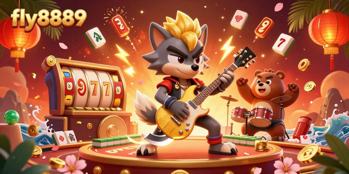 Experience excitement with fly8889 as the rock star wolf and drummer bear perform on stage surrounded by dynamic gaming elements.