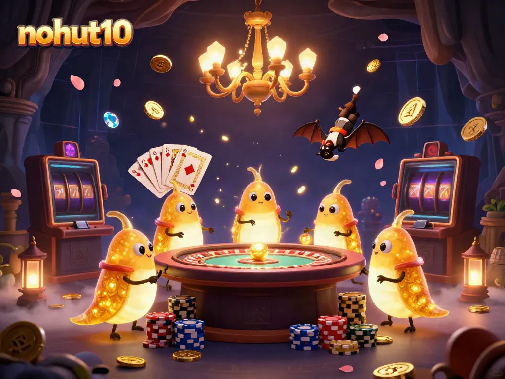 Experience vibrant games at nohut10: colorful casino scene with glowworms and gold coins.