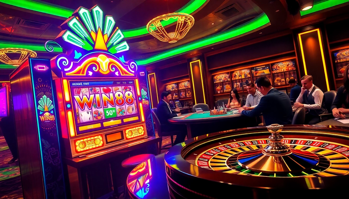 Experience the thrills of win88 at a vibrant casino scene featuring a colorful slot machine.