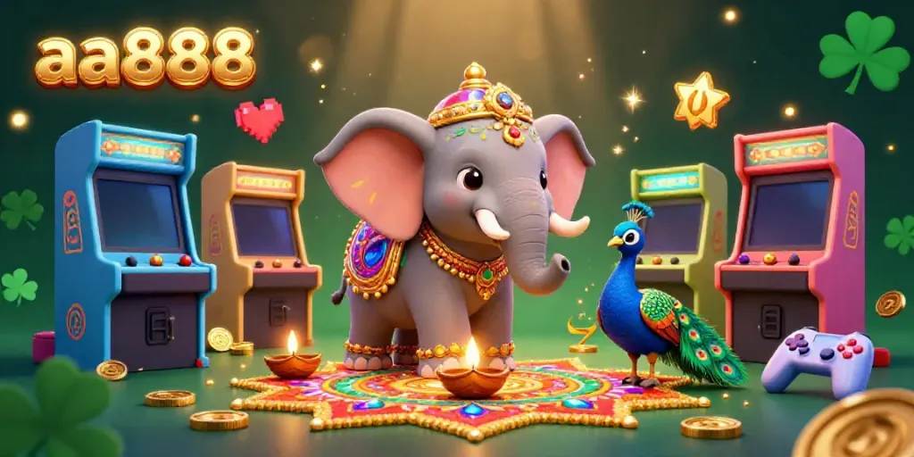 Engage in winning strategies at aa888 with this vibrant 3D casino-themed art featuring a Diwali-themed elephant and gaming elements.