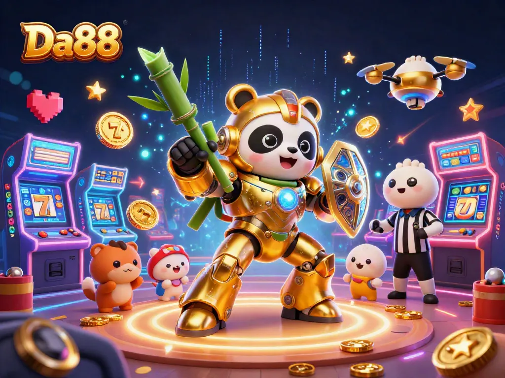 Experience thrilling casino action with Da88, showcasing a vibrant 3D arena filled with gaming elements.