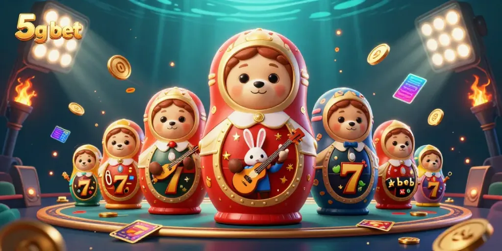 Engage with 5g bet through a dynamic 3D illustration featuring a Matryoshka bear and casino elements.