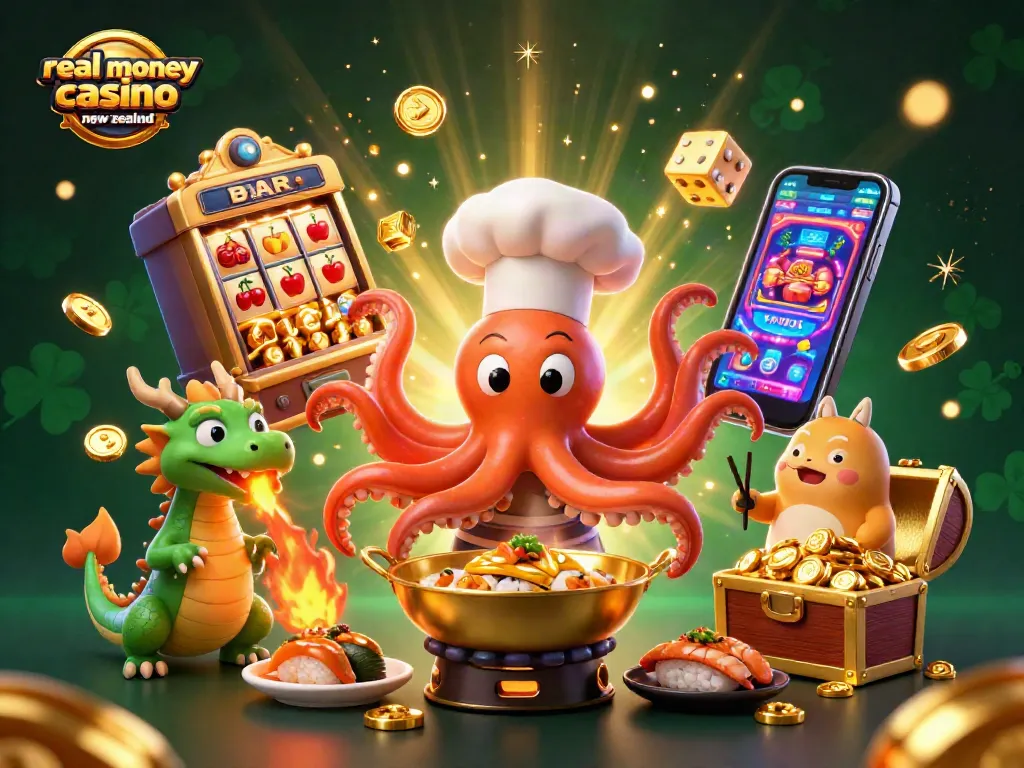 Experience thrilling games at a real money casino in New Zealand with vibrant characters, slot machines, and excitement.
