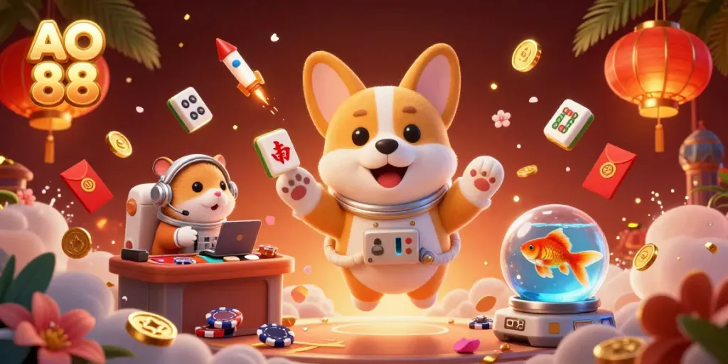 Play slots and earn rewards at AO 88, with a vibrant casino scene featuring floating characters in a dynamic setting.