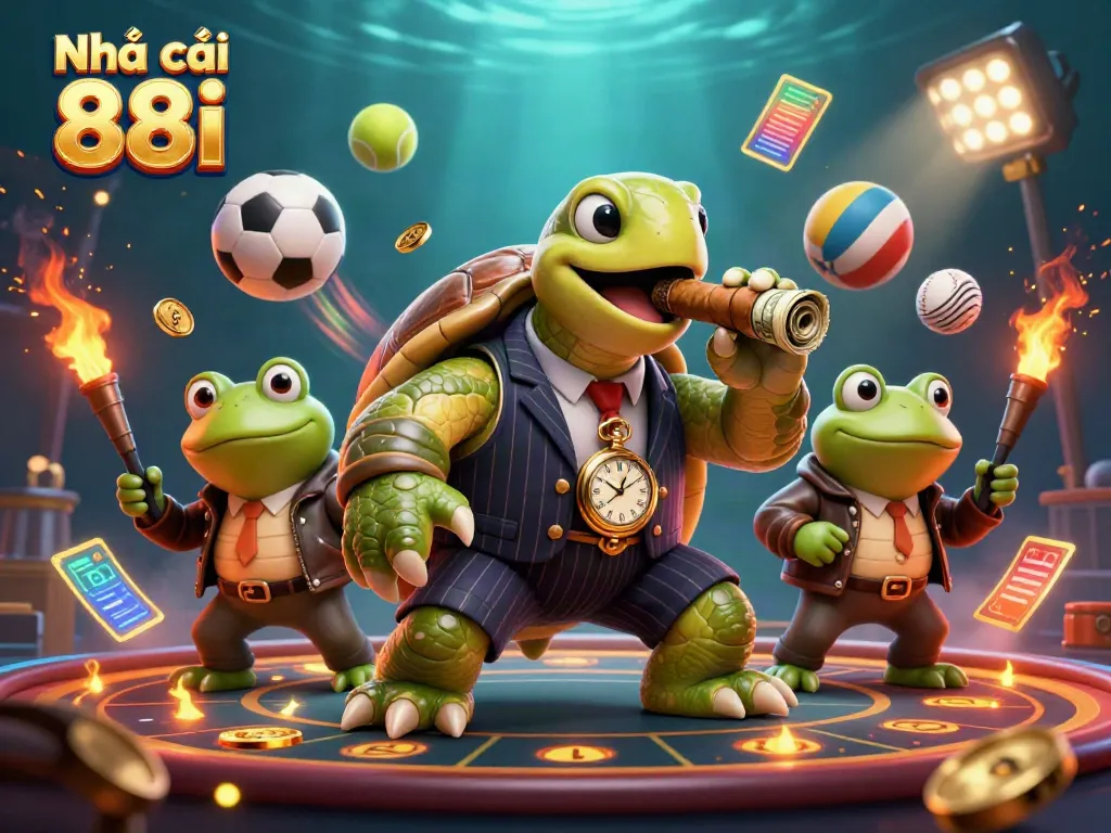Engaging scene of Nhà cái 88i with cartoon turtle mobster and frog enforcers, thriving in a vibrant casino atmosphere.