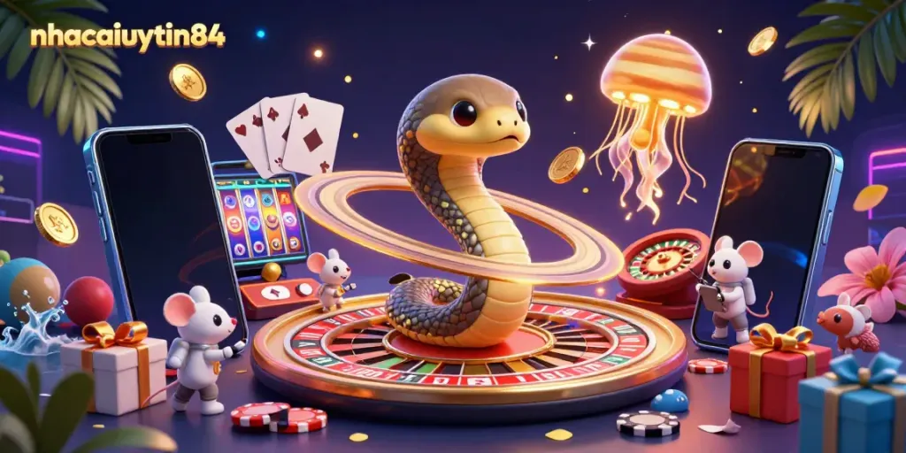 Engage with cosmic gaming as nhacaiuytin84 presents astronaut mice betting on a roulette planet and golden jellyfish dealer.