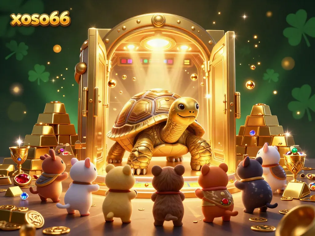 Experience the excitement of xoso66 with a vibrant 3D casino scene featuring a playful tortoise as a pinball machine.