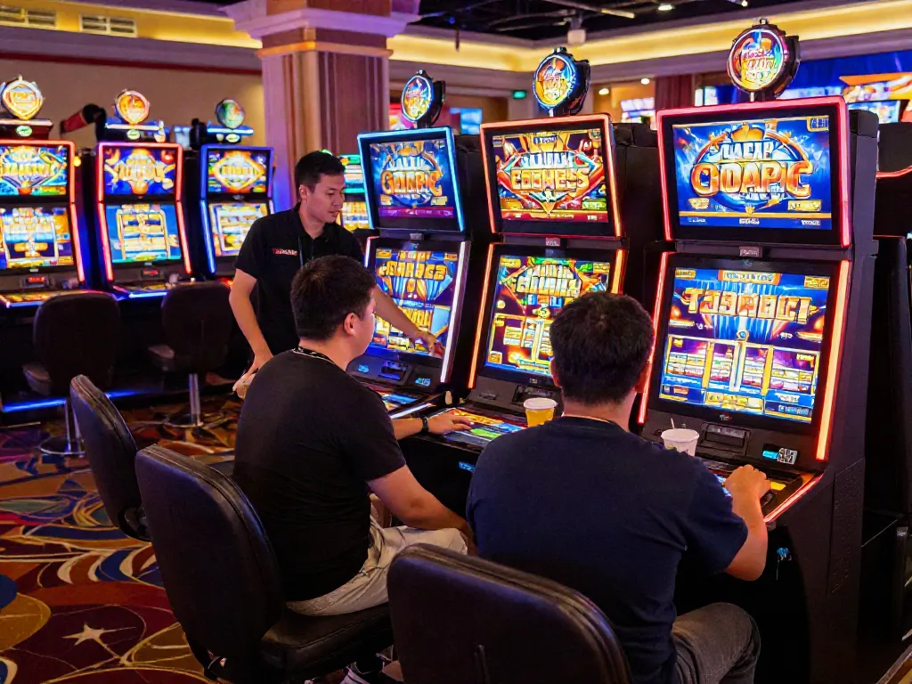 Jogadores animados em máquinas de Slot Gacor em um cassino vibrante.