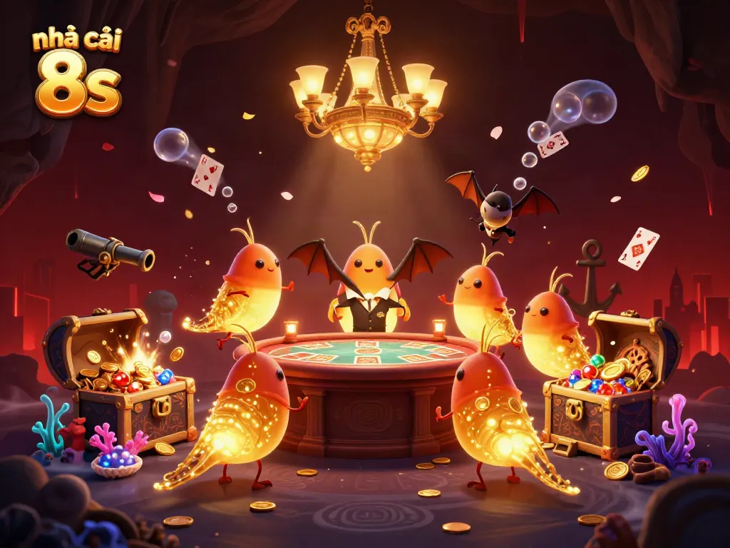 Experience the thrill of Nhà cái 8s with a vibrant 3D casino scene decorated by glowing glowworms and engaging game elements.