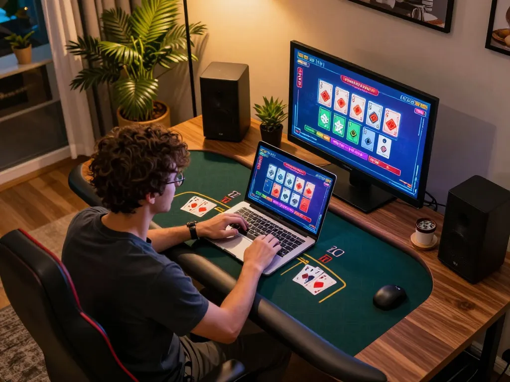 Player enjoying 27G online blackjack in a cozy home setting with ambient lighting