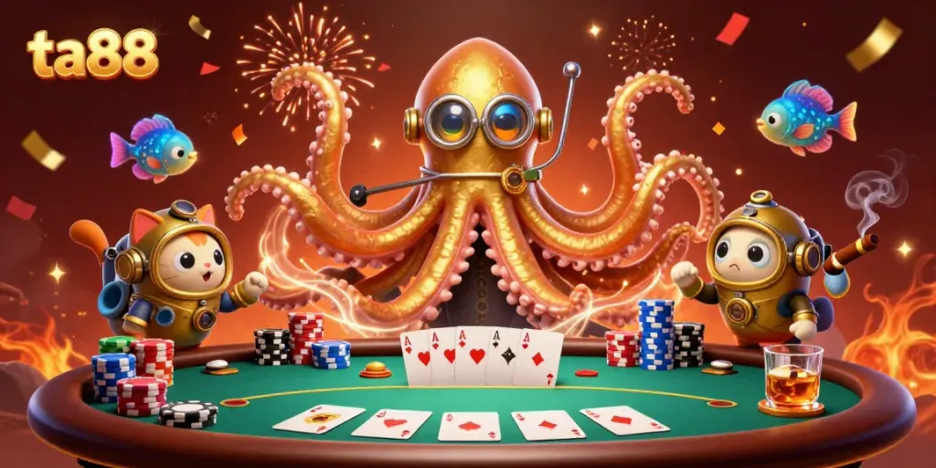 Experience the thrill of ta88 with a colorful casino scene featuring a kraken and a diving cat.