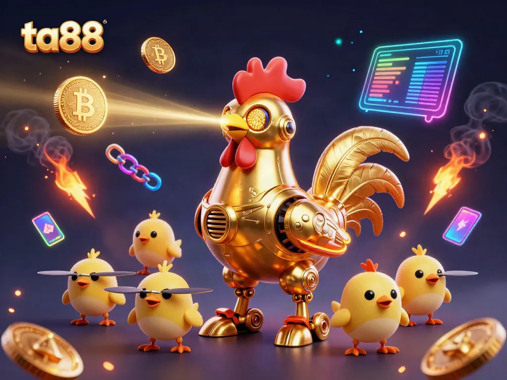 Engage in dynamic gaming on ta88 with a vibrant 3D illustration featuring crypto elements and exciting casino visuals.