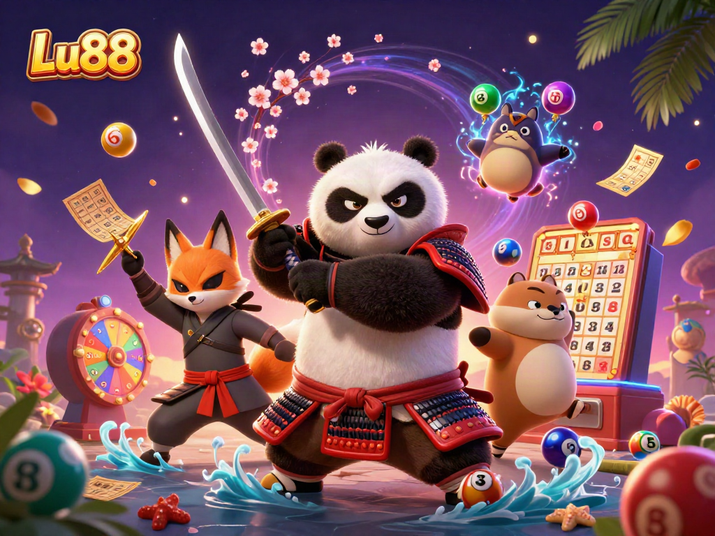 Win big with Lu88 in this vibrant casino scene featuring samurai panda and ninja fox.