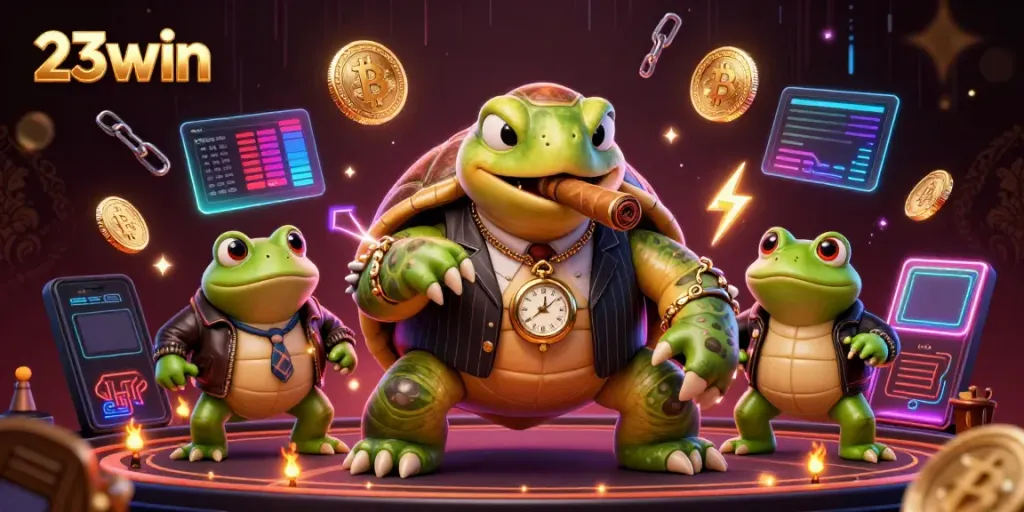 Experience immersive gaming at 23win with a vibrant 3D casino illustration featuring vibrant characters and crypto elements.