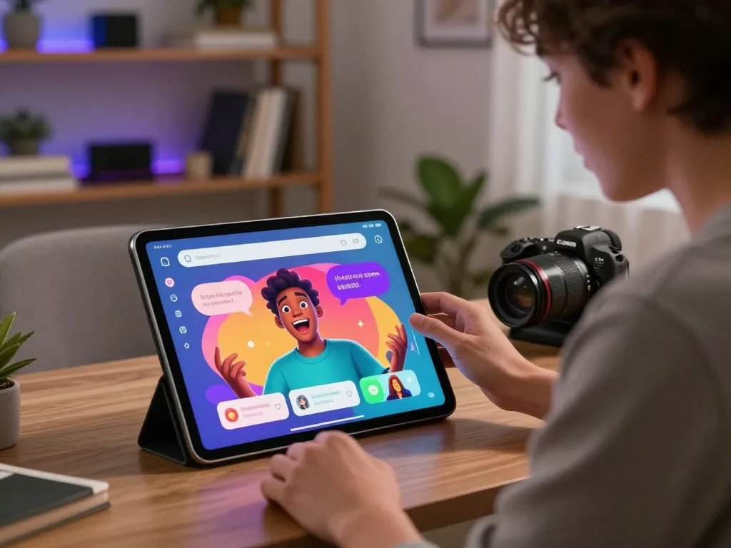 Engaging scene of a user experiencing interactive AI conversations with crush on ai app, showcasing vibrant character avatars and cozy home office.