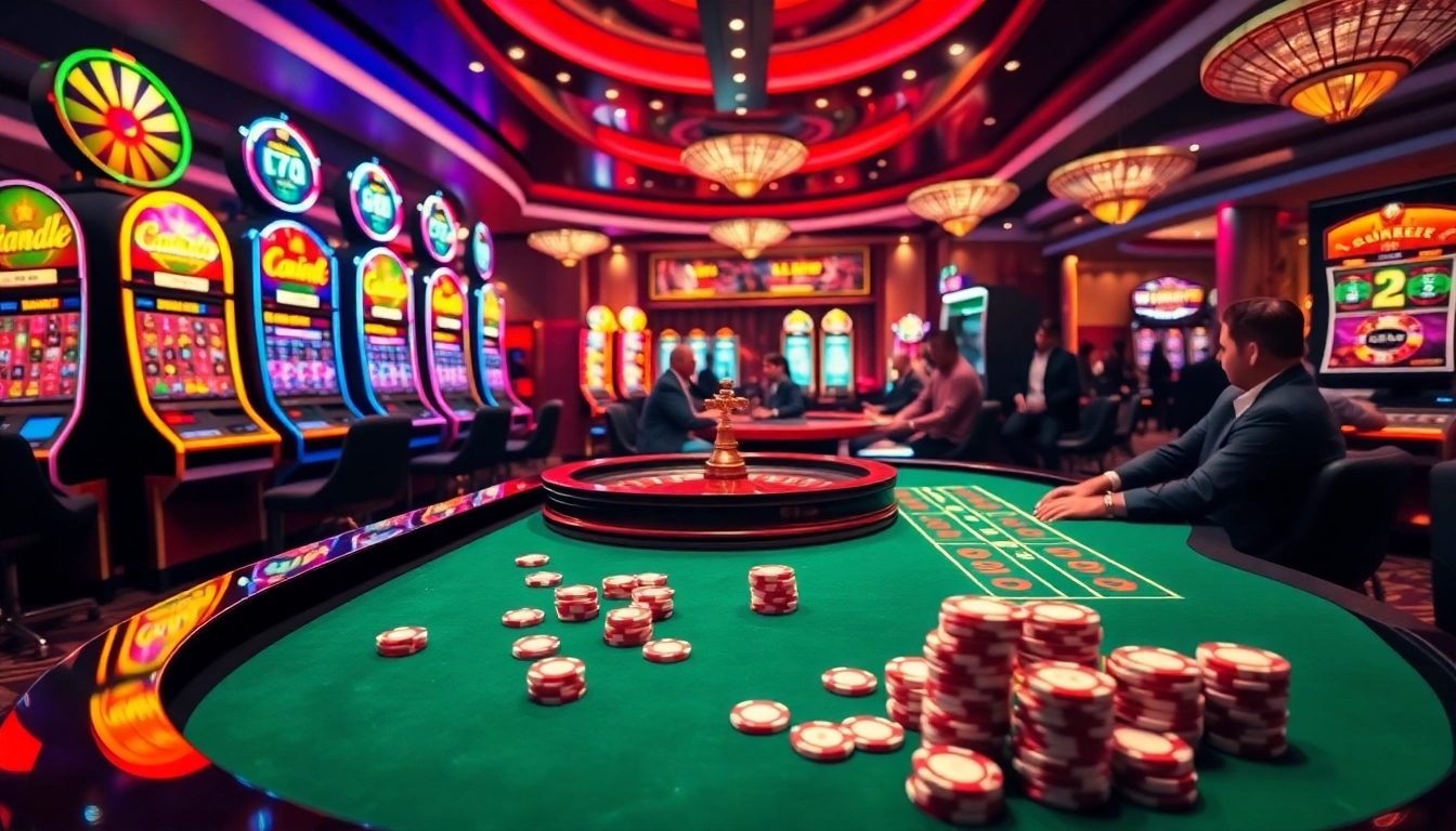 A vibrant casino scene showcasing exciting games at https://7hh.br.com/ including roulette and slot machines.