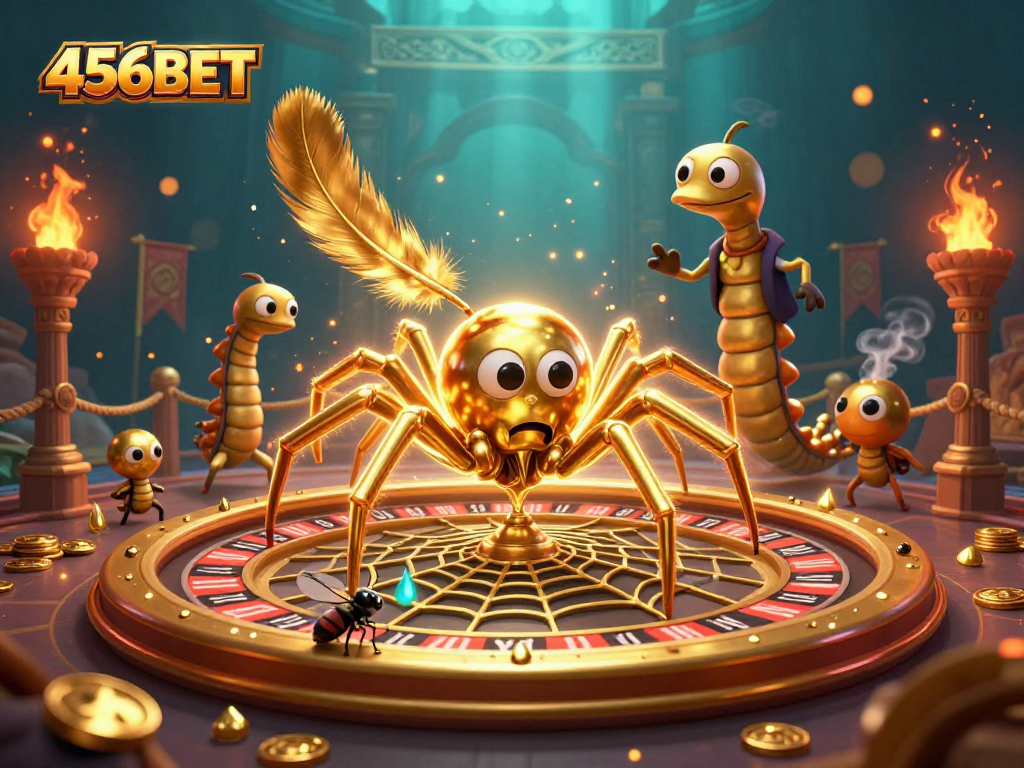 Spin the roulette with 456BET gold spider and centipede dealer in a vibrant casino scene.