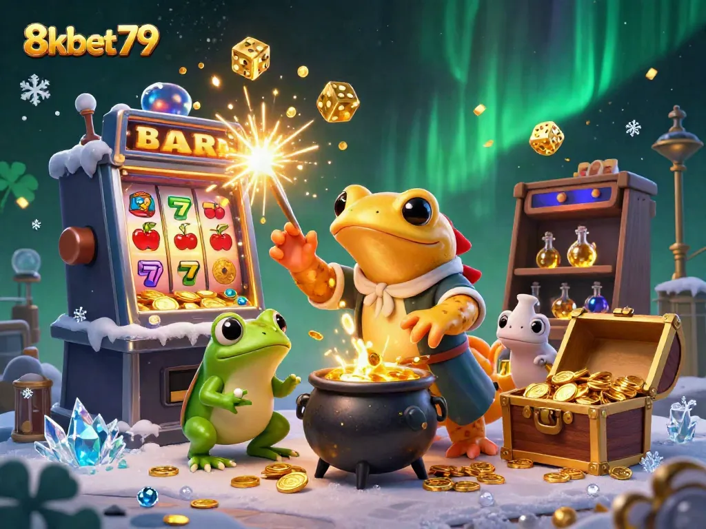 Experience the casino thrills with 8xbet79; a vibrant scene featuring alchemy, gold coins, and slot machine excitement.