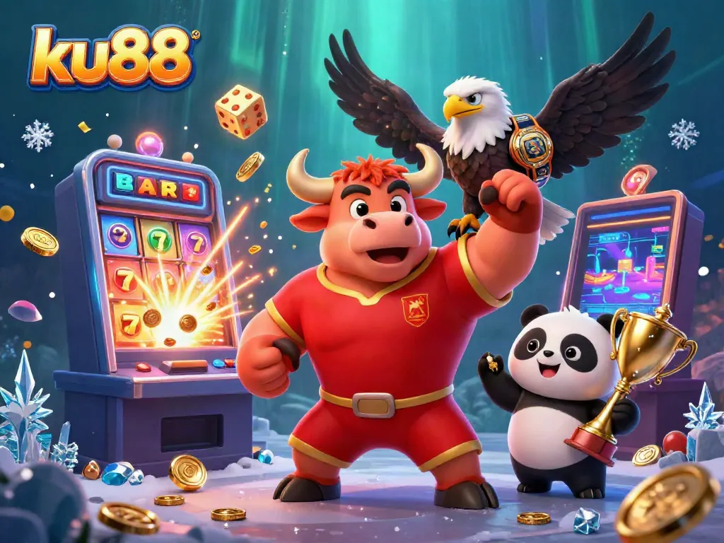 Experience thrilling wins at ku88 with a victorious bull and eagle, surrounded by slot machines and festive surprises.
