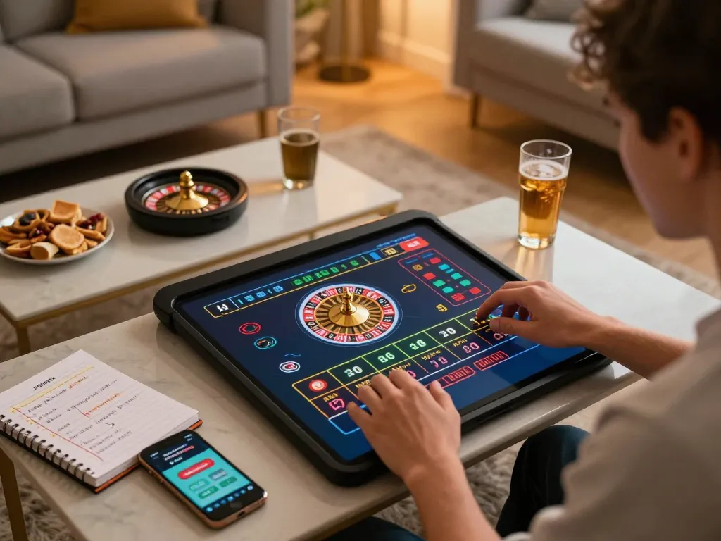 Player enjoying live roulette on jogoluck app in cozy home setup, showcasing exciting gaming atmosphere