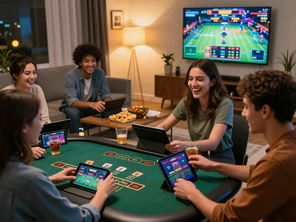 Engaged friends using the uu88 app for an exciting online casino experience in a cozy living room.