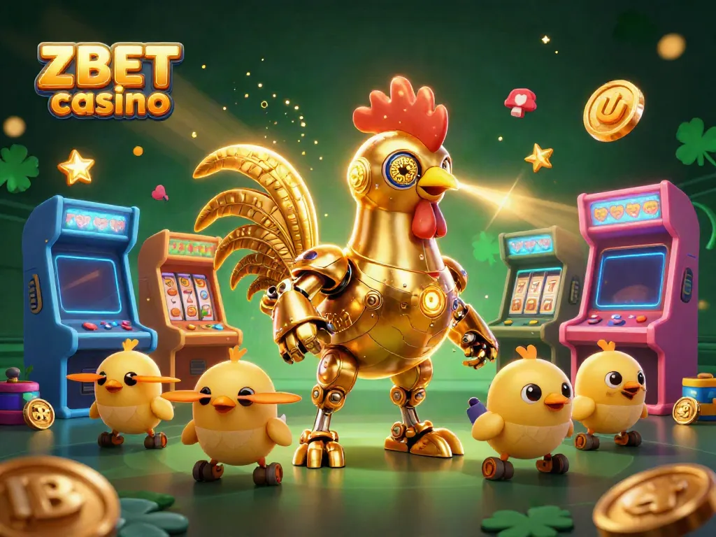 ZBET casino's vibrant scene featuring a golden robotic rooster amidst arcade machines and jackpot slots, igniting excitement.