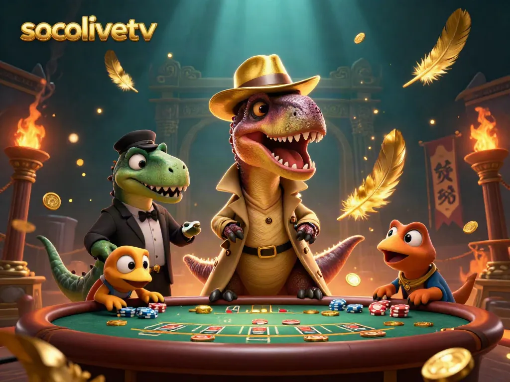 Vibrant scene of a velociraptor card counter at a blackjack table, showcasing socolivetv's dynamic gambling environment.