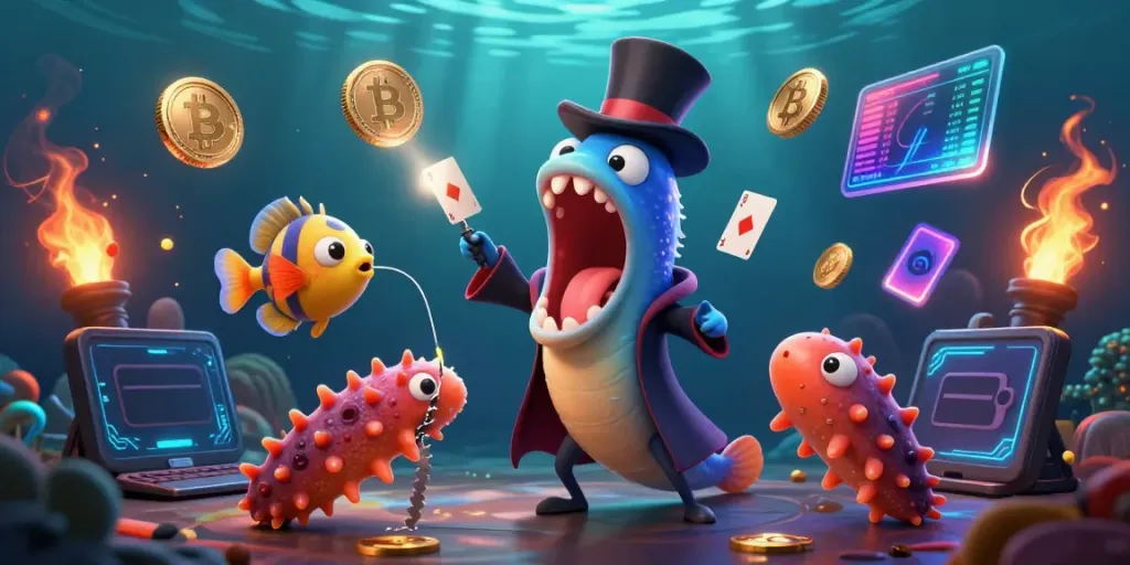 Engage with the mines game, featuring unique underwater characters showcasing digital currencies and magic.