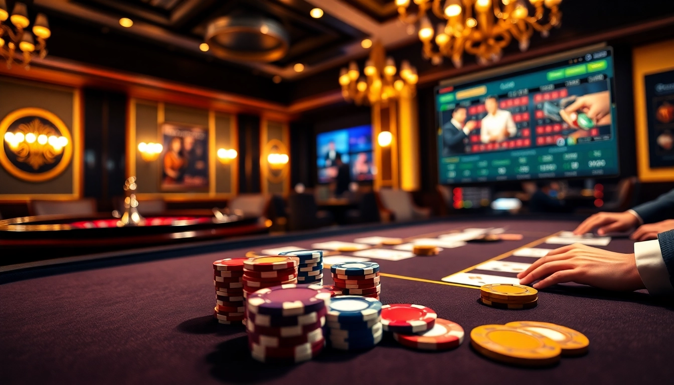 Experience thrilling online gambling at https://f8bet.dental with an exciting poker table scene, cards, and chips.