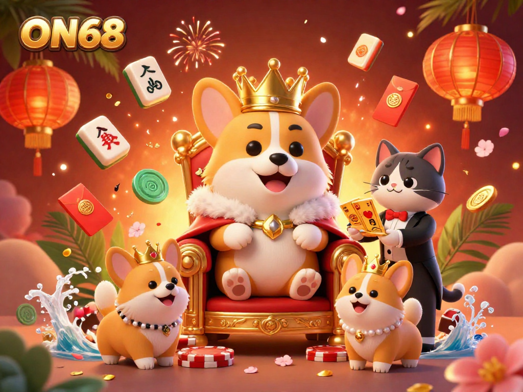 Experience ON68's rich casino atmosphere with royal corgis, golden cards, and festive elements in 3D.