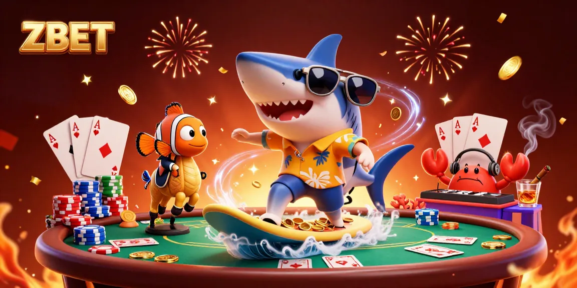 ZBET offers a vibrant tropical casino scene with interactive characters amidst poker elements.