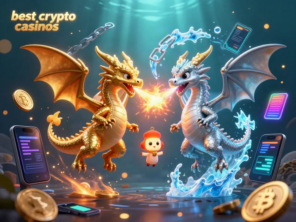Engage with the best crypto casinos featuring battling dragon characters amidst Bitcoin and Ethereum elements.