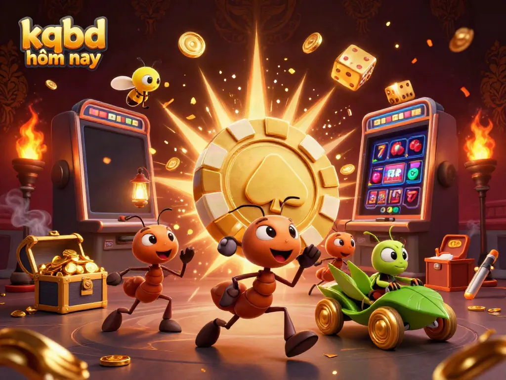 Experience kqbd hôm nay as ants race with a golden poker chip amidst dazzling casino elements.