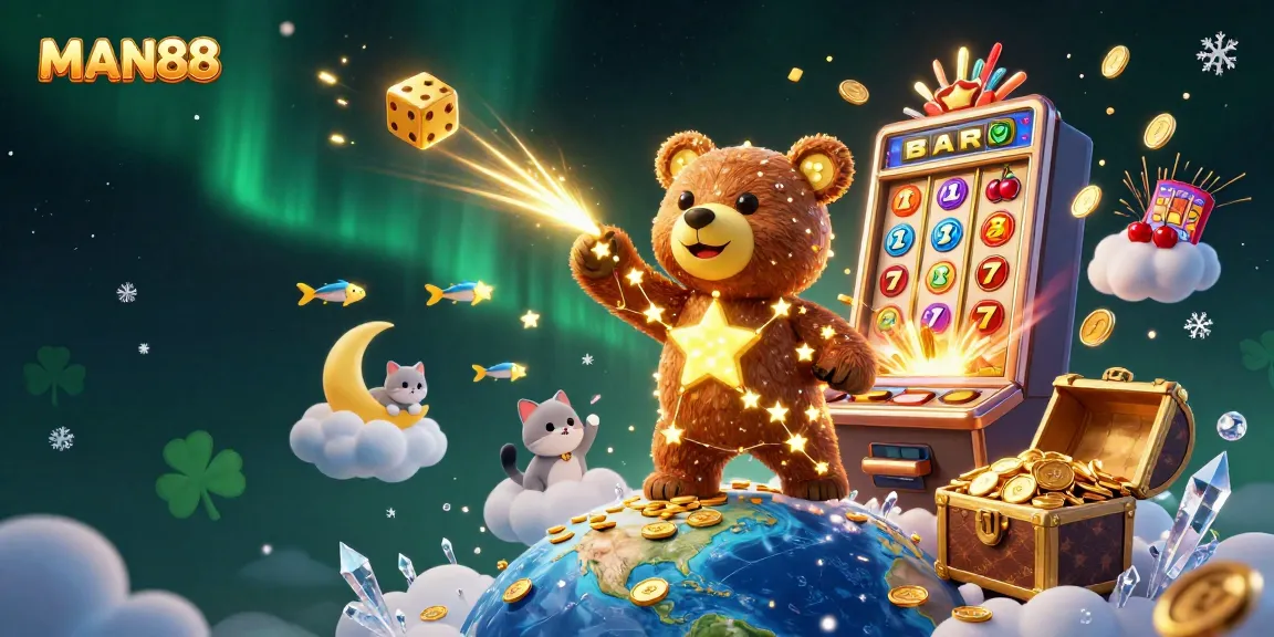 Engage with thrilling wins at MAN88, featuring a vivid 3D illustration of a celestial bear and casino fun.