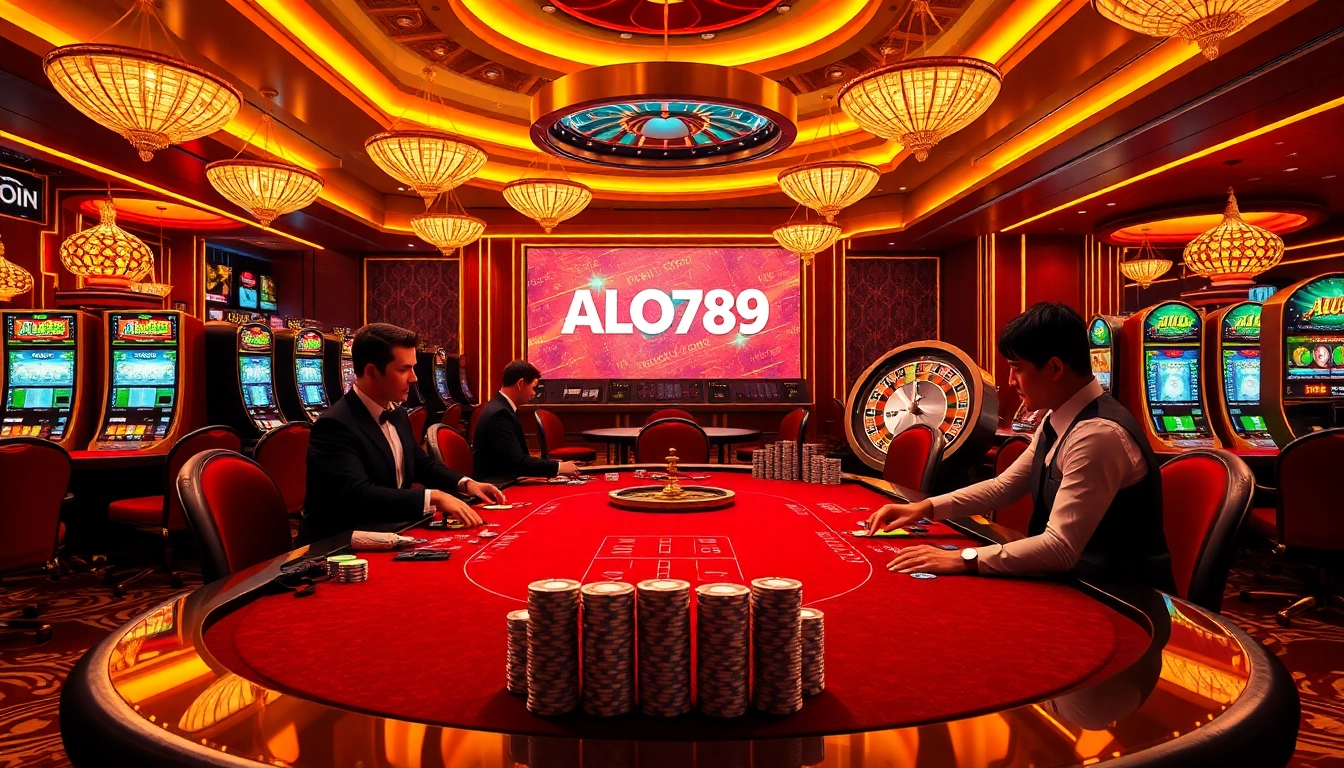 Players enjoying poker and slots at ALO789 casino, surrounded by colorful chips and excitement.
