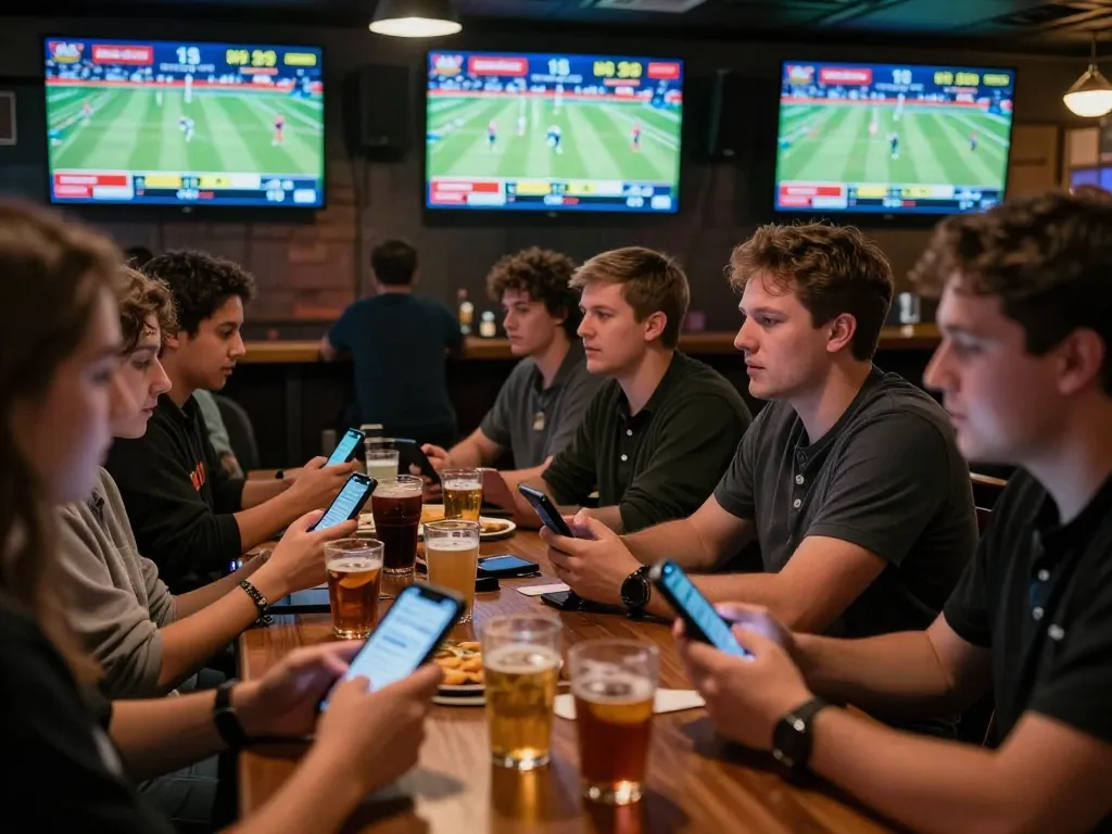 Exciting sports betting atmosphere at 58ff with enthusiastic bettors engaged in live game action.