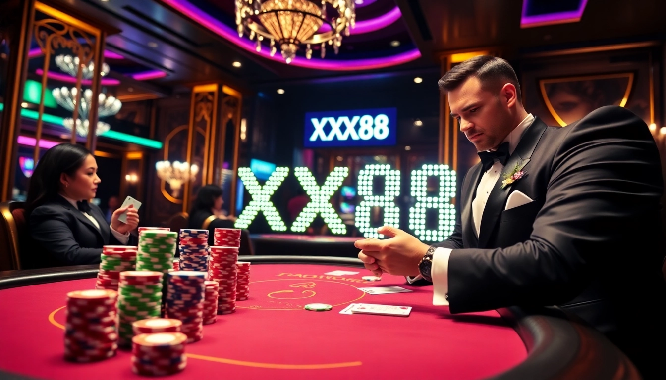 Experience the excitement of XX88 with poker action and vibrant casino ambiance.