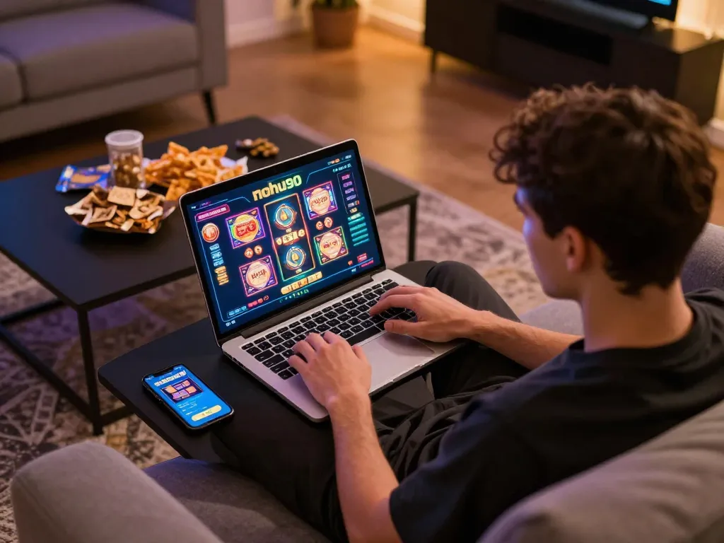 Engaging gameplay on nohu90's online casino interface, showcasing a cozy home gaming setup.