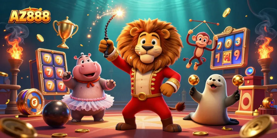 Experience thrilling slots with AZ888 in a vibrant circus-themed casino scene.