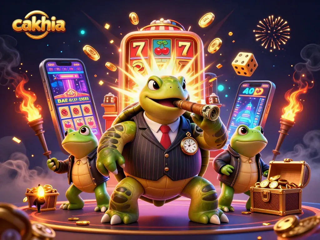 Cakhia sports betting scene featuring a cartoon snapping turtle and bullfrog enforcers with vibrant casino action.