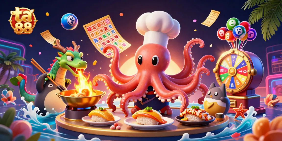 Experience ta 88 excitement with a vibrant 3D illustration of a sushi chef octopus and a fiery dragon in a dynamic gaming scene.