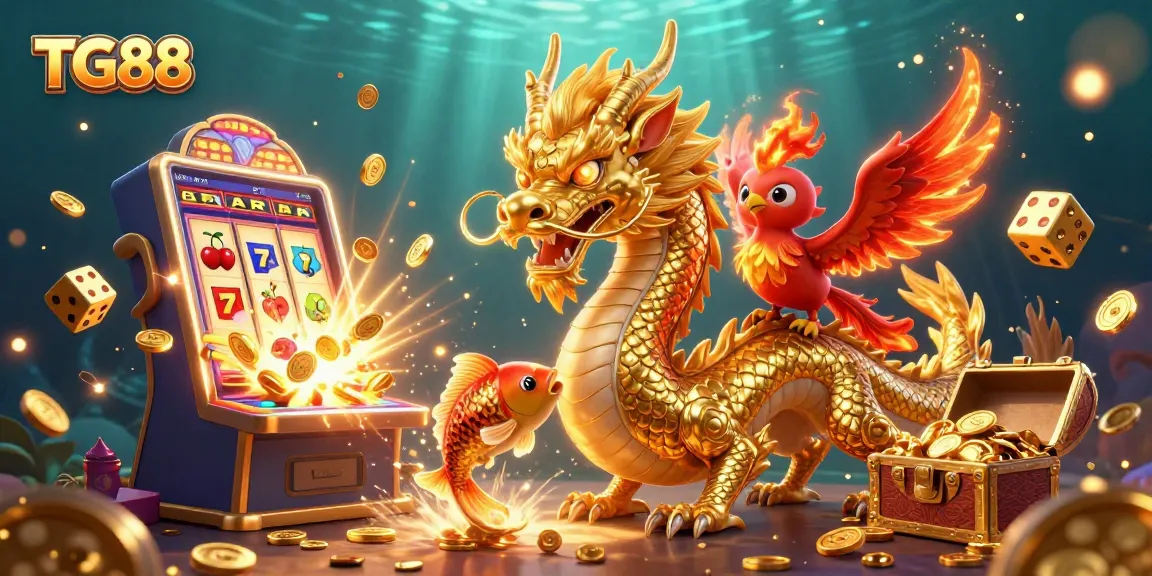 Experience thrilling wins at TG88 casino with a 3D illustration of a dragon, phoenix, and koi fish.