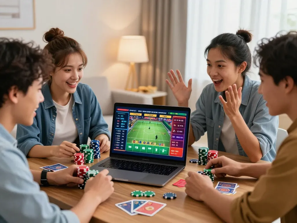 Exciting online betting experience with friends using ok365 to place sports bets, colorful chips and casino graphics in modern setting.