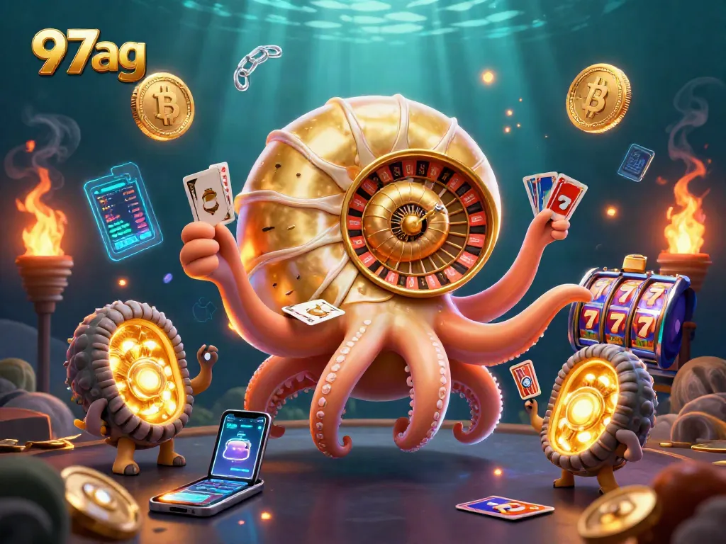 Play and win with 97ag in a vibrant casino world filled with digital coins and colorful symbols.