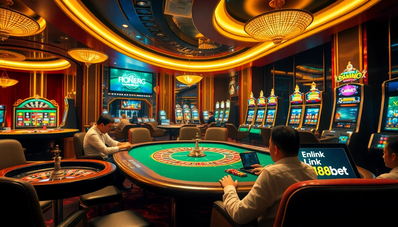 Exciting casino atmosphere featuring players at a poker table and slot machines while highlighting link vào 188bet for online gaming.