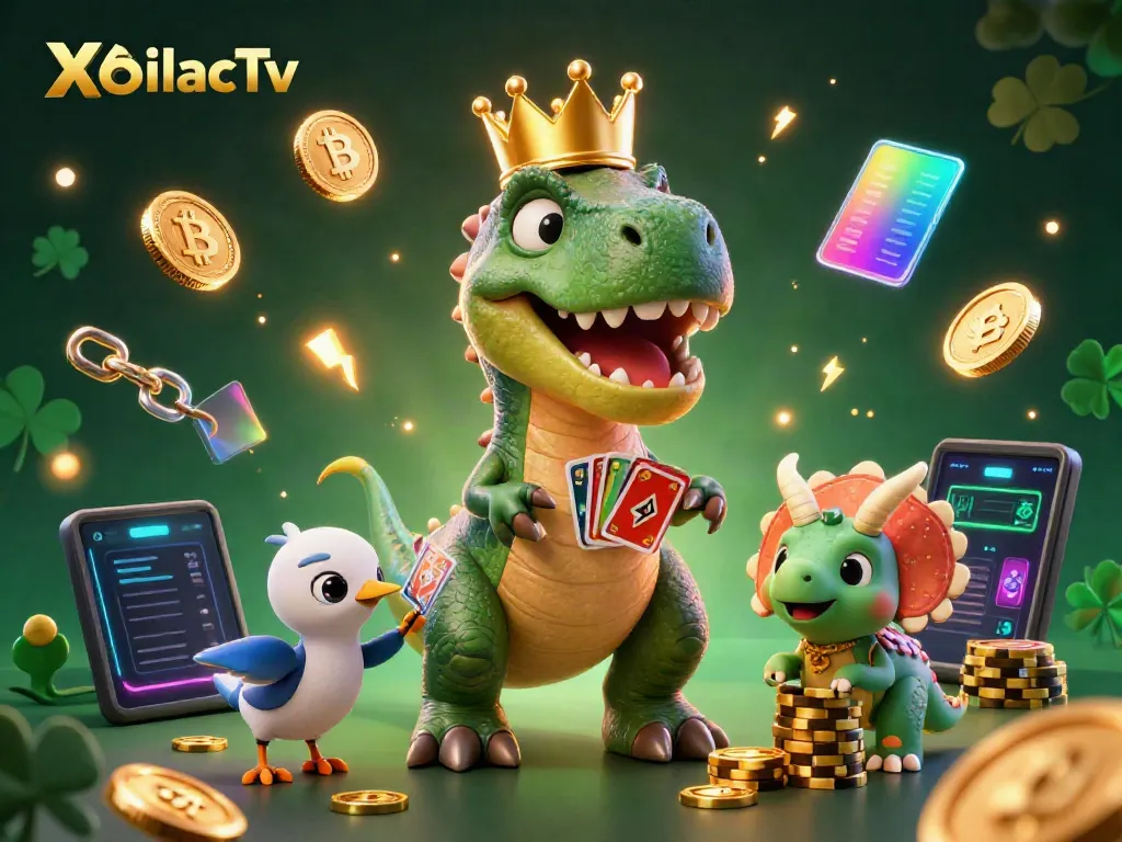 Watch exciting gaming action with XoilacTv featuring a dinosaur themed casino scene of card shuffling.